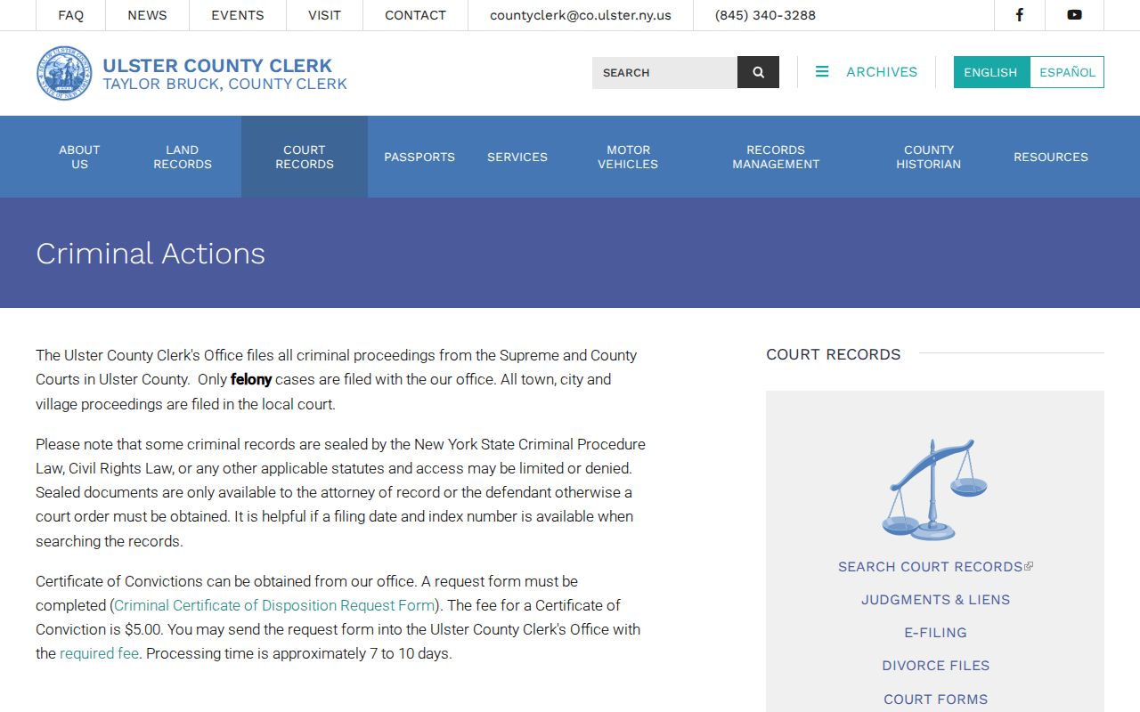 Ulster County criminal court case certificate and felony record instructions