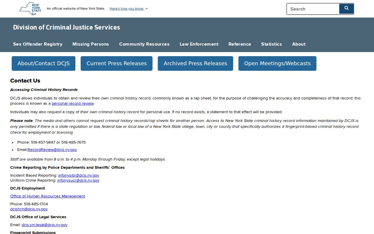 DCJS contacts for Ulster County arrest history record review
